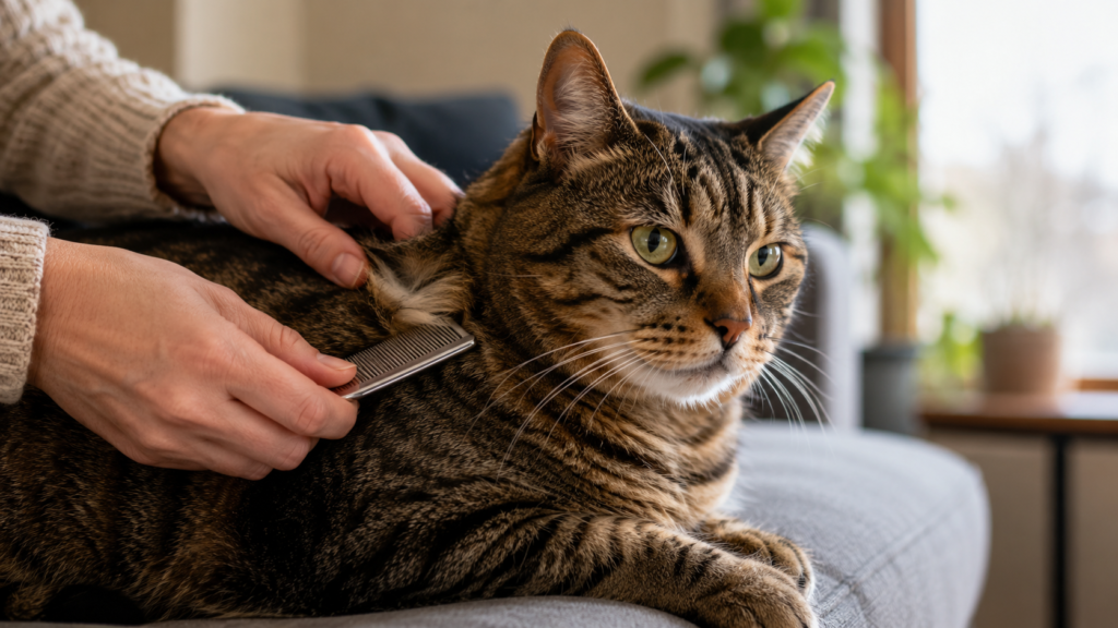 Tabby cat having its neck fur gently checked with a flea comb at home