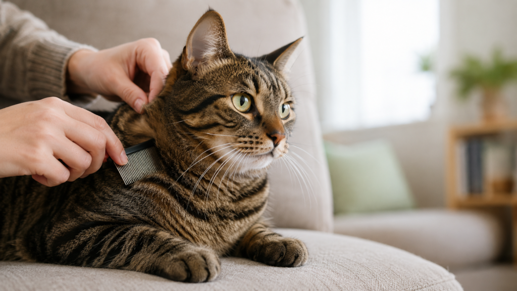 Tabby cat on a sofa while owner checks its neck fur with a flea comb