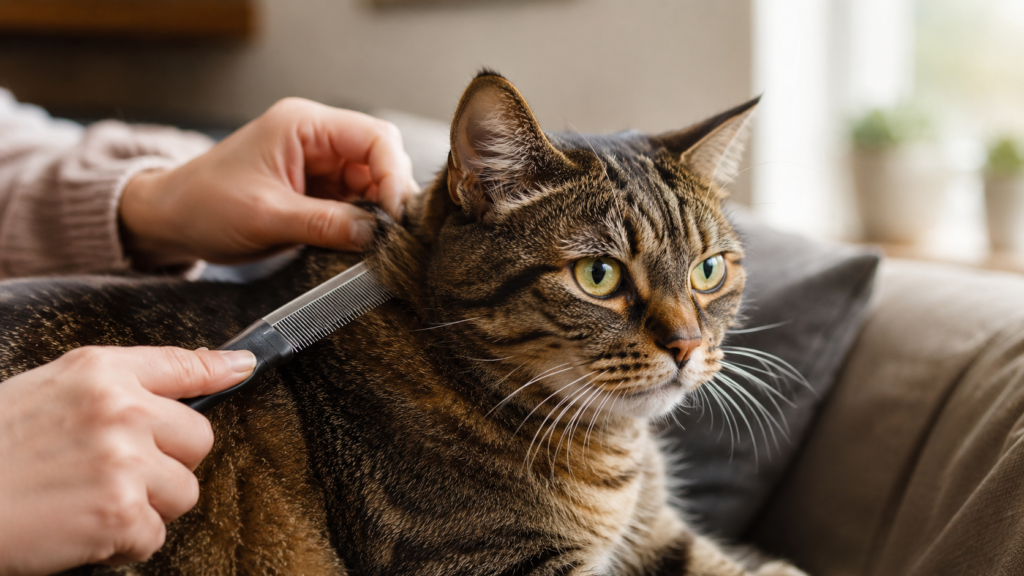 Tabby cat being gently checked with a flea comb on a sofa