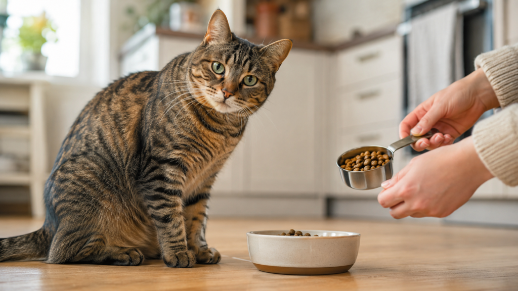 Tabby cat beside a measured bowl of cat food in a home kitchen