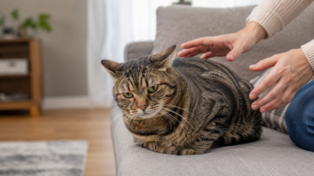 Tabby cat crouching tensely on a sofa while owner hands gently check nearby