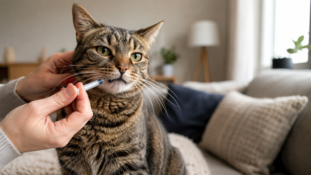 Calm tabby cat on a sofa with cropped hands holding a liquid medicine syringe nearby