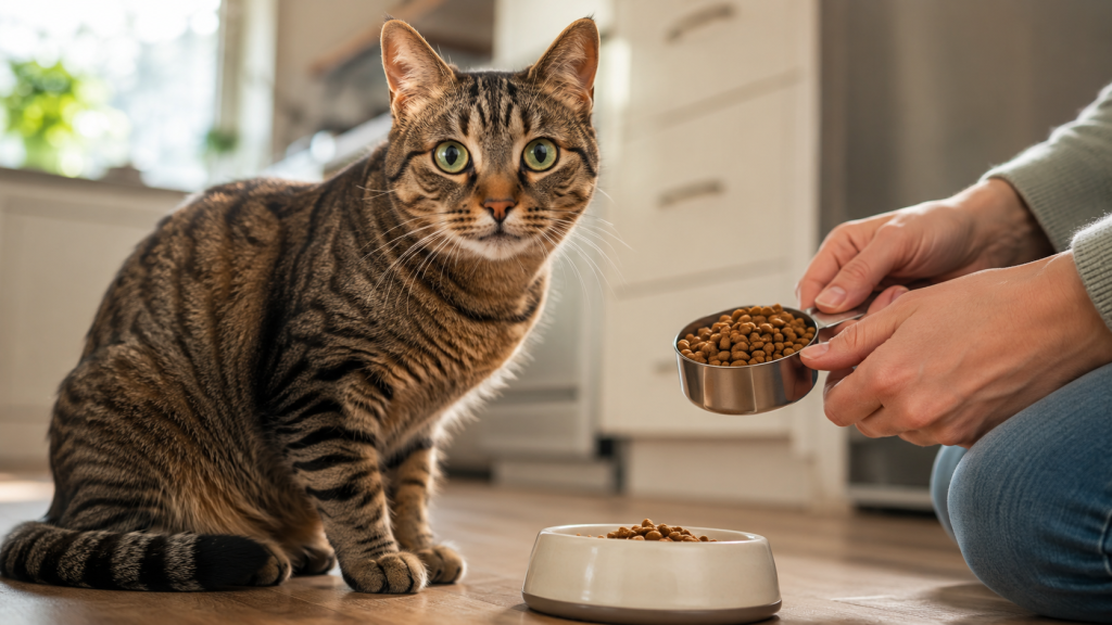 Tabby cat beside a measured bowl of dry food and owner hands holding a measuring cup