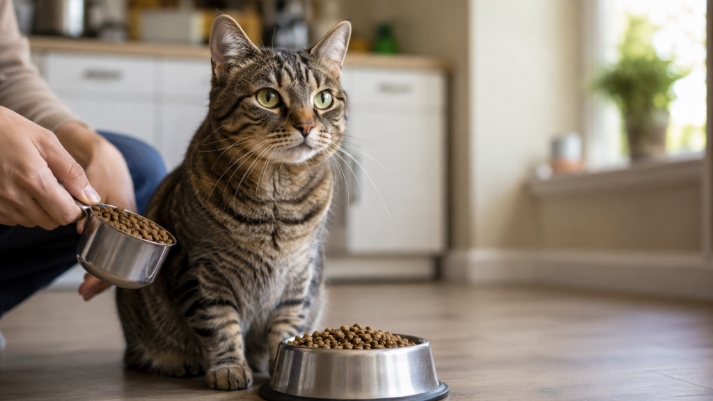Tabby cat beside a measured bowl of dry food and owner hands holding a measuring cup