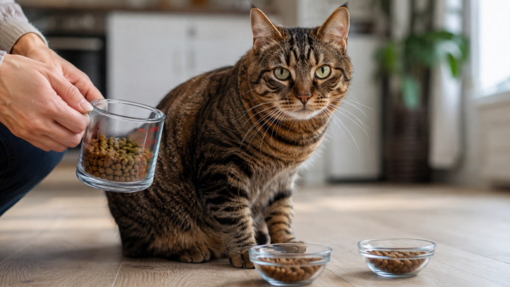 Tabby cat beside two measured bowls of food in a home kitchen