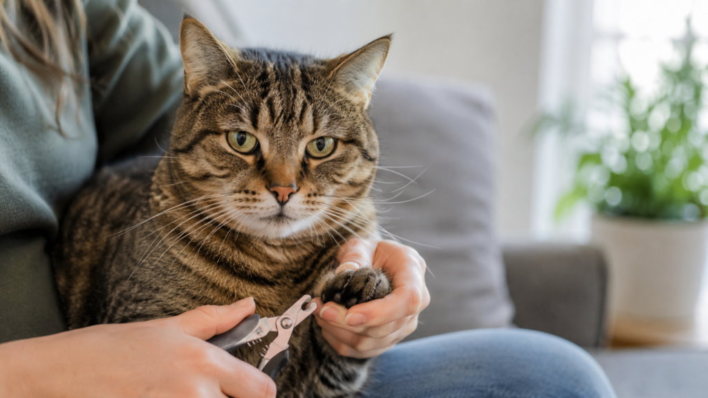 Calm tabby cat having its front nail gently trimmed on an owner’s lap