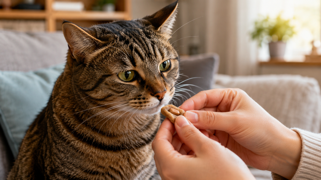Tabby cat on a sofa being offered a small medicated treat by cropped owner hands