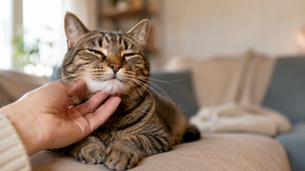cat purring chin scratch close up