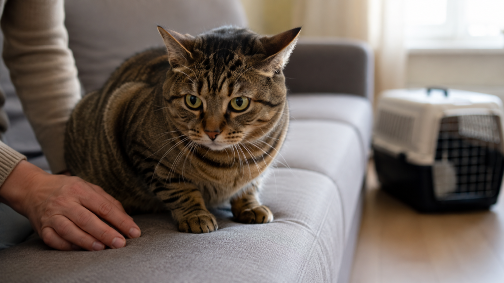 Alert tabby cat sitting tensely on a sofa near cropped owner hands and a pet carrier