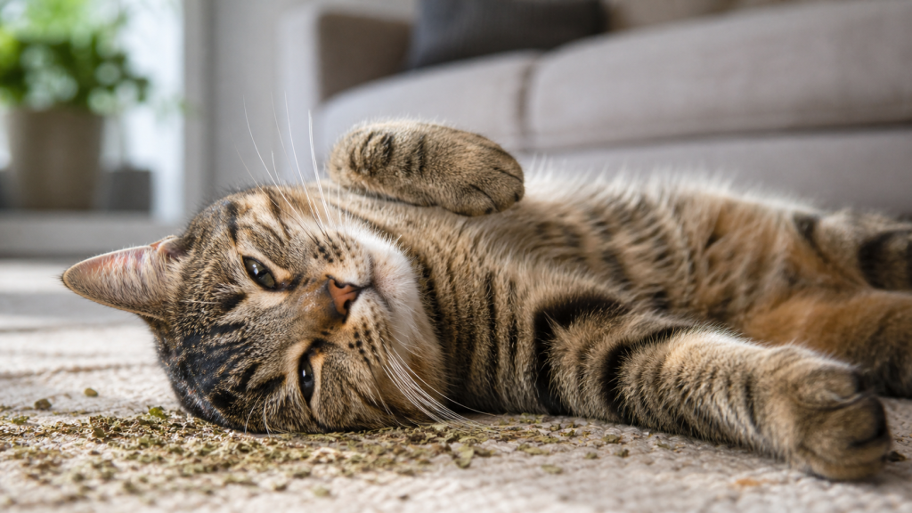 cat rolling in catnip blissful