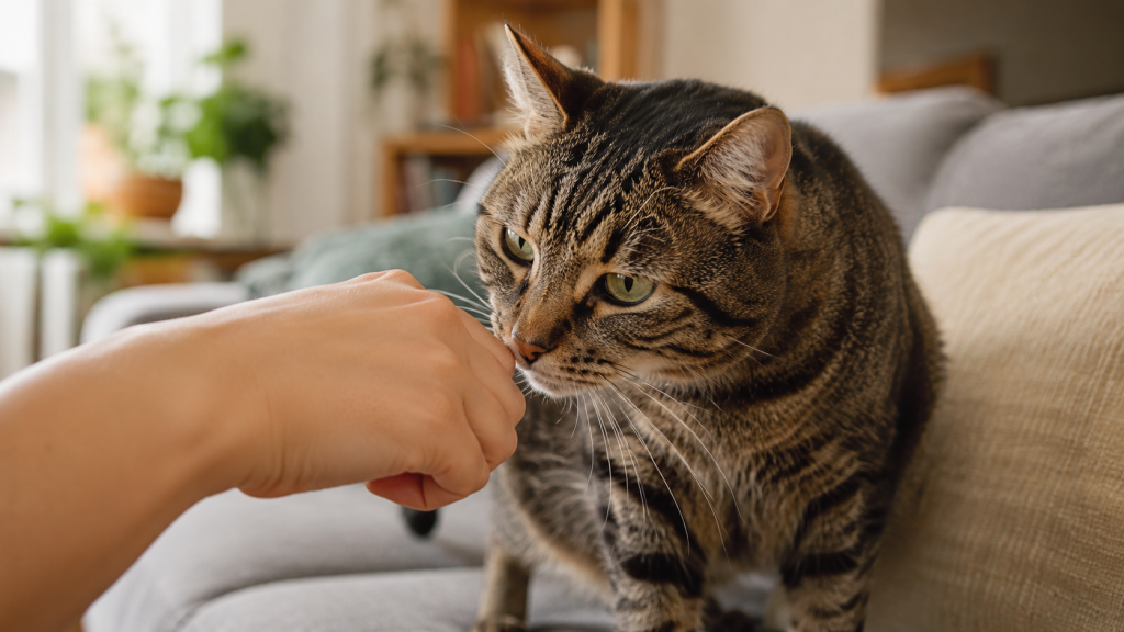 Calm tabby cat sniffing a still hand on a cozy sofa
