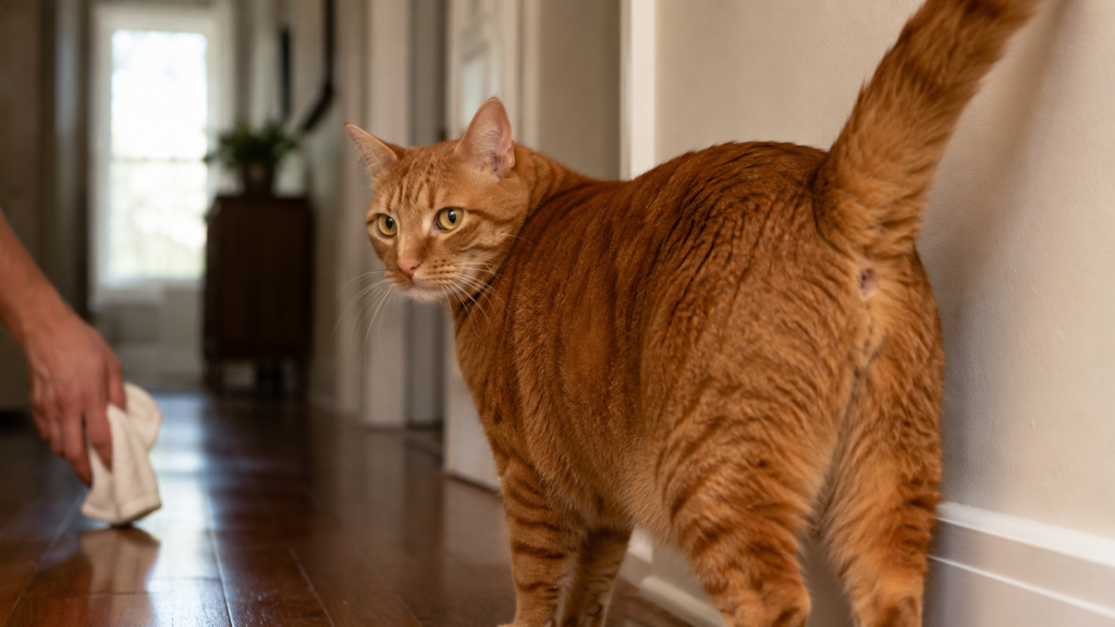cat spraying hallway wall