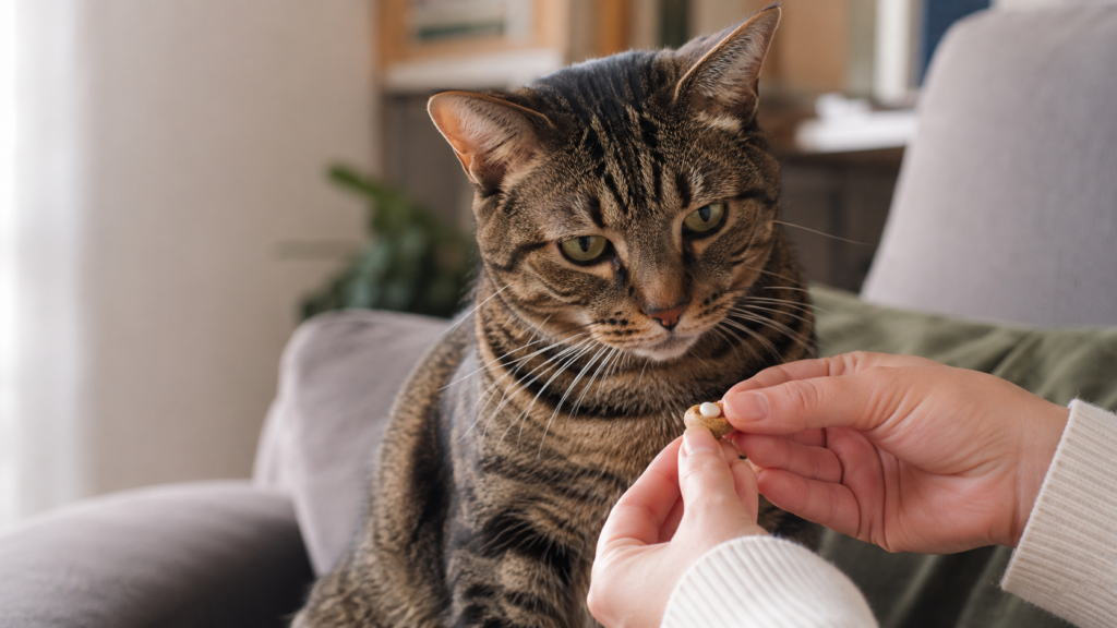 Calm tabby cat on a sofa near a treat with hidden medicine held by cropped owner hands