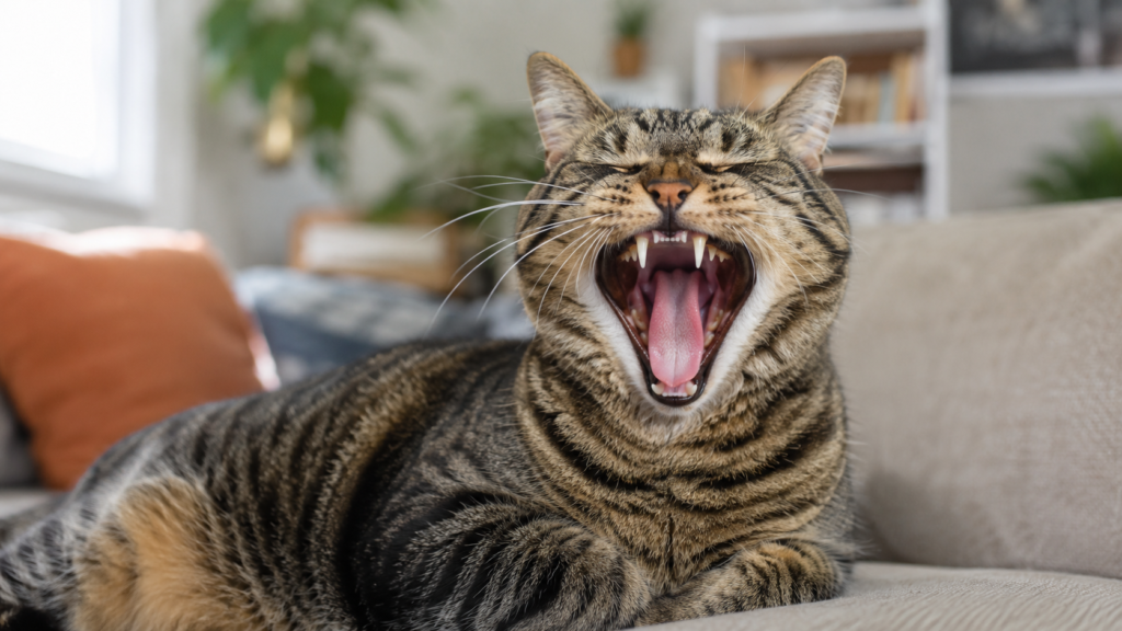 Tabby cat yawning on a sofa with its teeth visible in soft window light