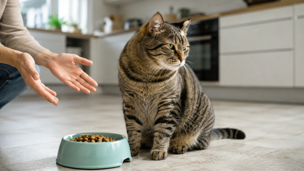 Tabby cat sitting beside an untouched food bowl in a home kitchen