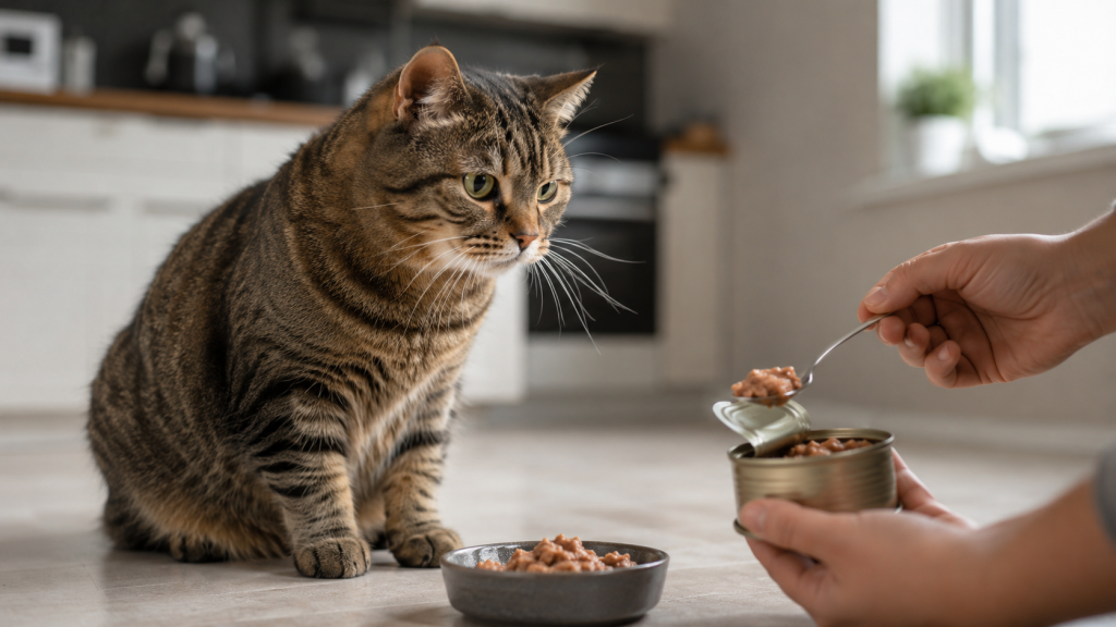 Tabby cat beside a bowl of wet food while owner hands prepare a measured serving
