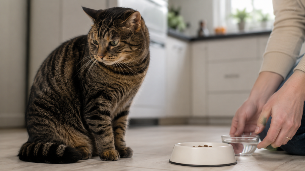 Tabby cat sitting beside untouched food and water bowls in a kitchen