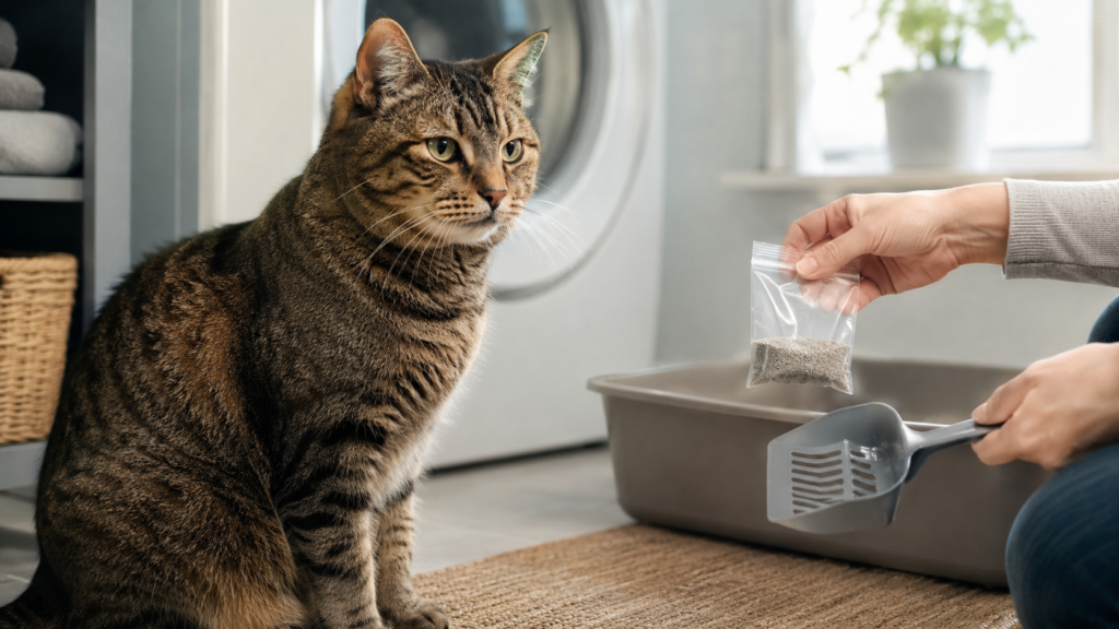 Large tabby cat beside a clean litter box while owner checks for worms