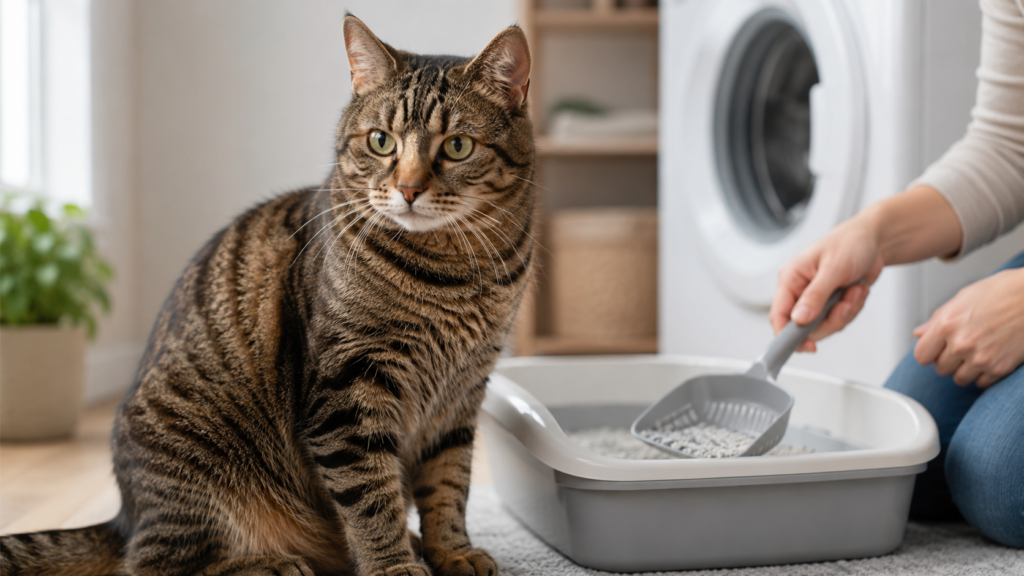 Tabby cat beside a clean litter box while owner checks with a scoop nearby