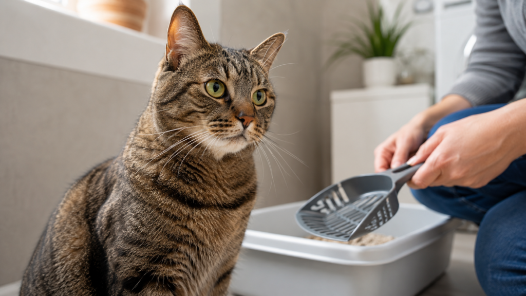 Tabby cat sitting beside a clean litter box while owner checks nearby with a scoop