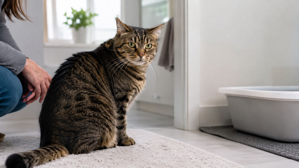 Tabby cat sitting near a clean litter box while an owner observes with concern.