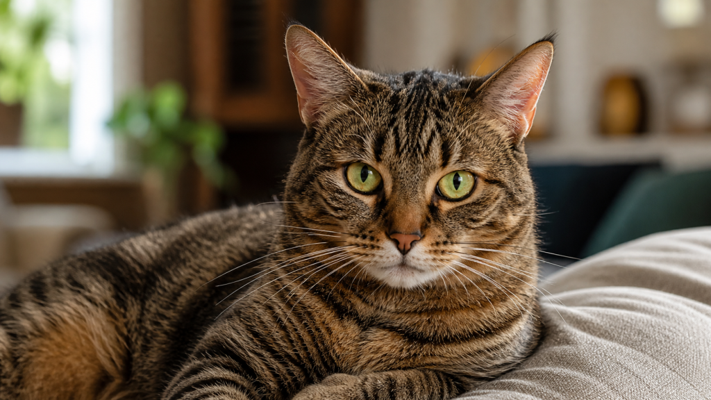 female cat resting on sofa calm portrait