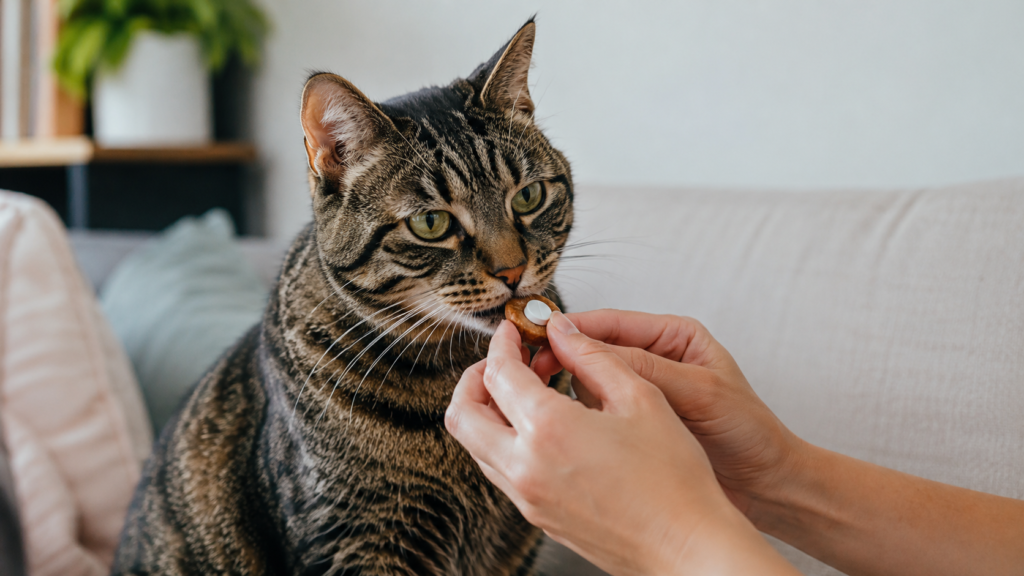 Tabby cat on a sofa with owner hands offering a small medicated treat