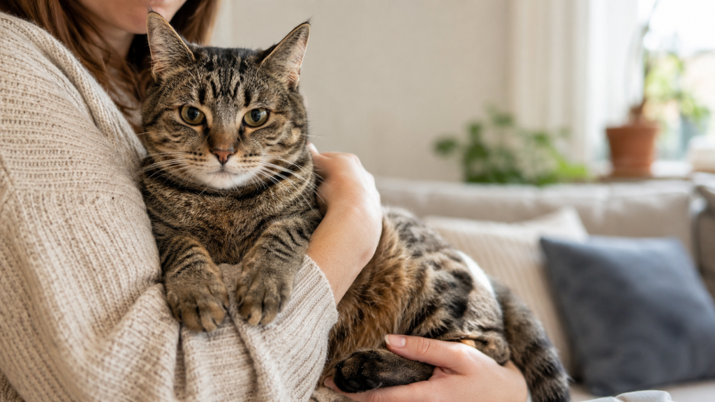 Calm tabby cat held securely with chest and hindquarters supported