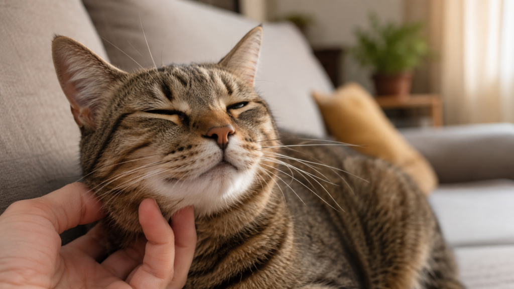 Relaxed tabby cat enjoying a gentle chin scratch on a sofa