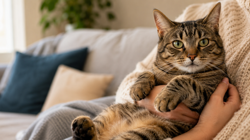 Calm tabby cat being gently picked up with both hands supporting its body