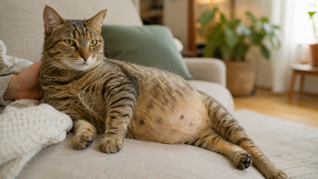 pregnant cat on sofa