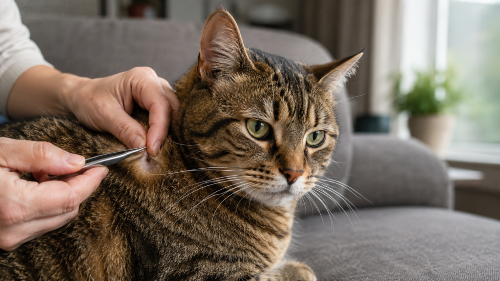 Tabby cat on a sofa while cropped hands check its neck fur with tweezers