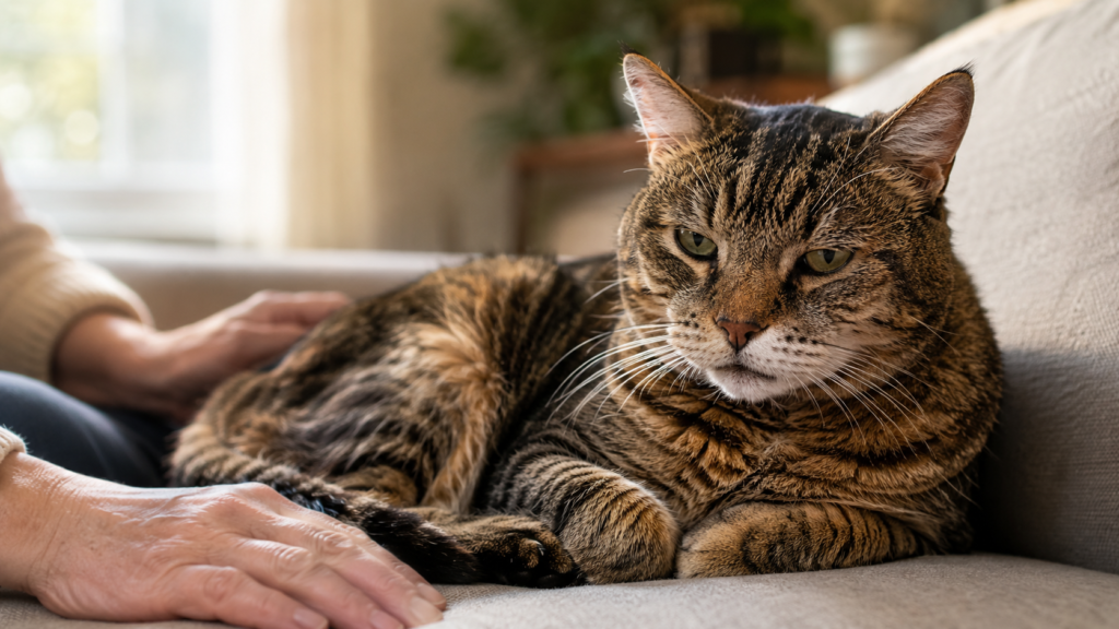 Senior tabby cat resting on a sofa while cropped owner hands stay gently nearby