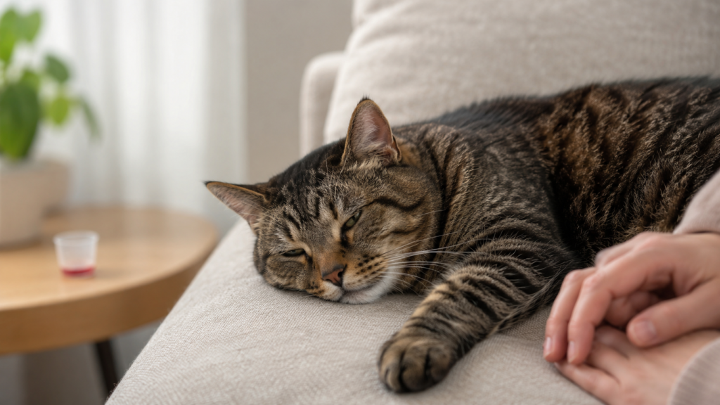 Sleepy tabby cat resting on a sofa after medication while owner hands stay nearby.
