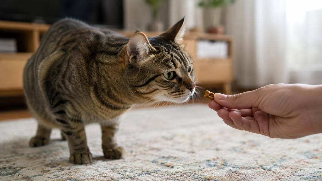 Cautious tabby cat sniffing a treat from a cropped hand in a quiet living room