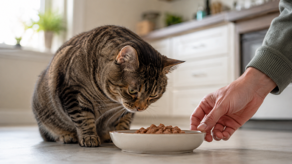Tabby cat sniffing wet food in a bowl while a cropped owner hand checks it in a home kitchen.